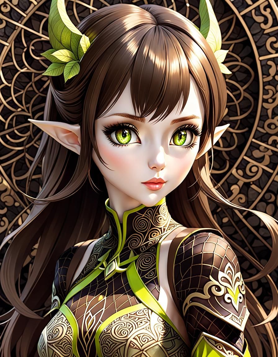 Elegant Dark Elf in Solarpunk Landscape, Digital Art