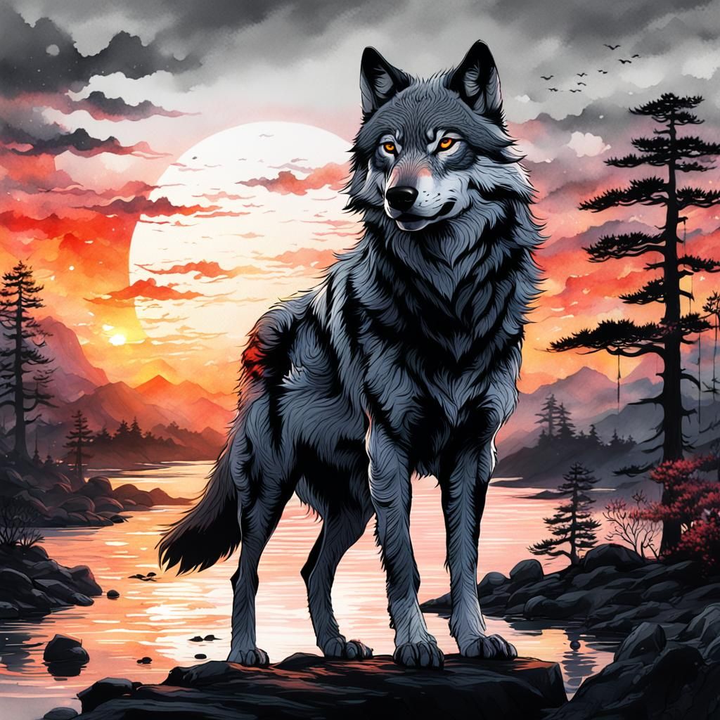 Wolf and Sunset in Japanese Watercolor Style