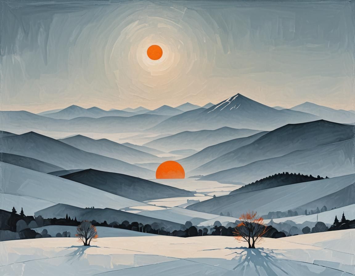 Minimalist Geometric Winter Landscape with Orange Sun
