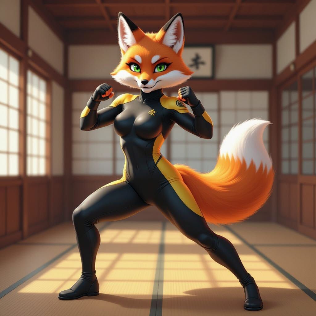 Fox Girl in Karate Dojo, Dynamic Fighting Pose