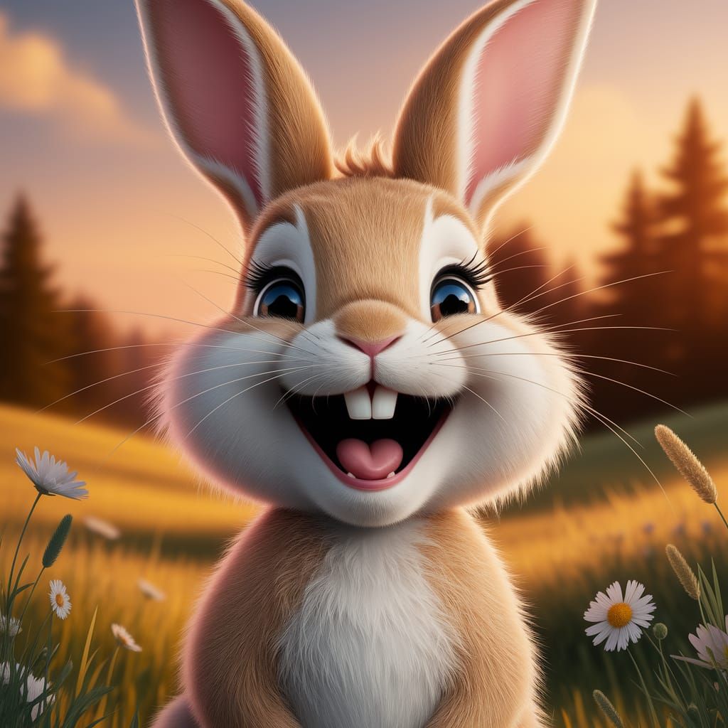 Laughing Bunny in Golden Meadow at Sunset