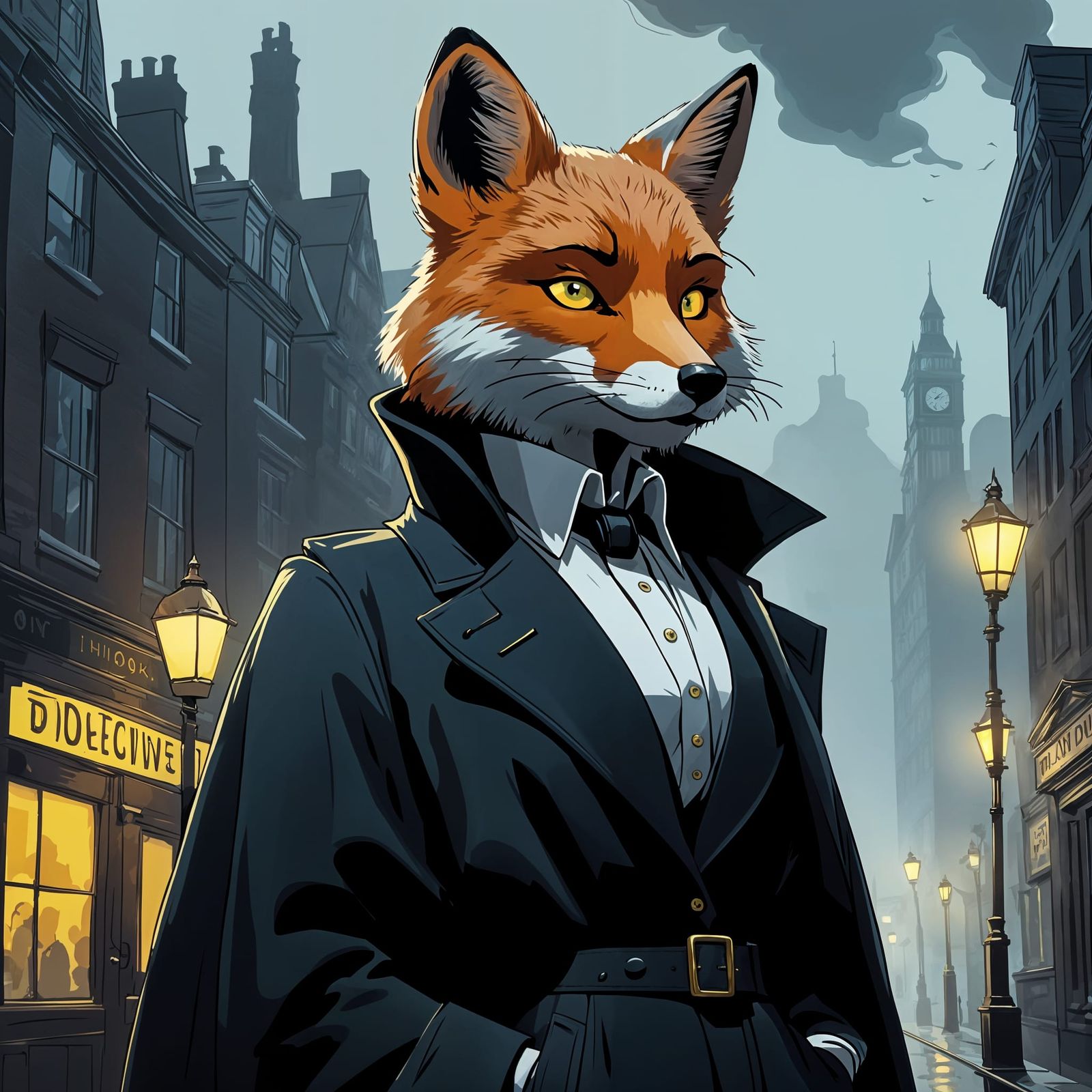 Mysterious London Detective Fox in Cartoon Style