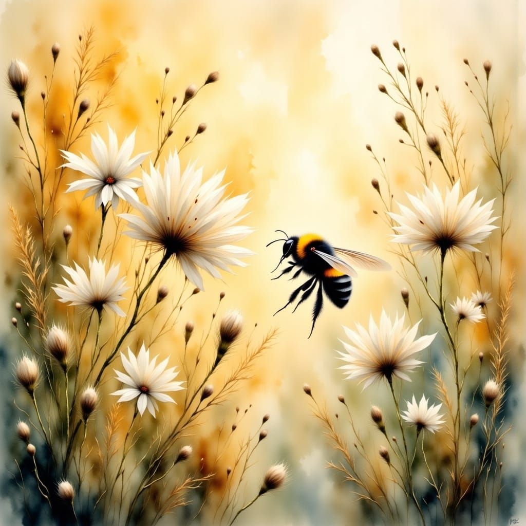 <lora:Mixing It Up:1.0> <lora:Smokey grunge:1.0> <lora:Light and Lace-Flux:1.0> bumblebee in tall wildflowers misty dew ...