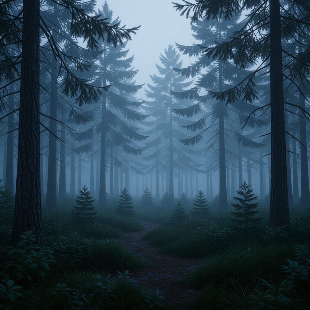 Foggy Morning Pine Forest Matte Painting