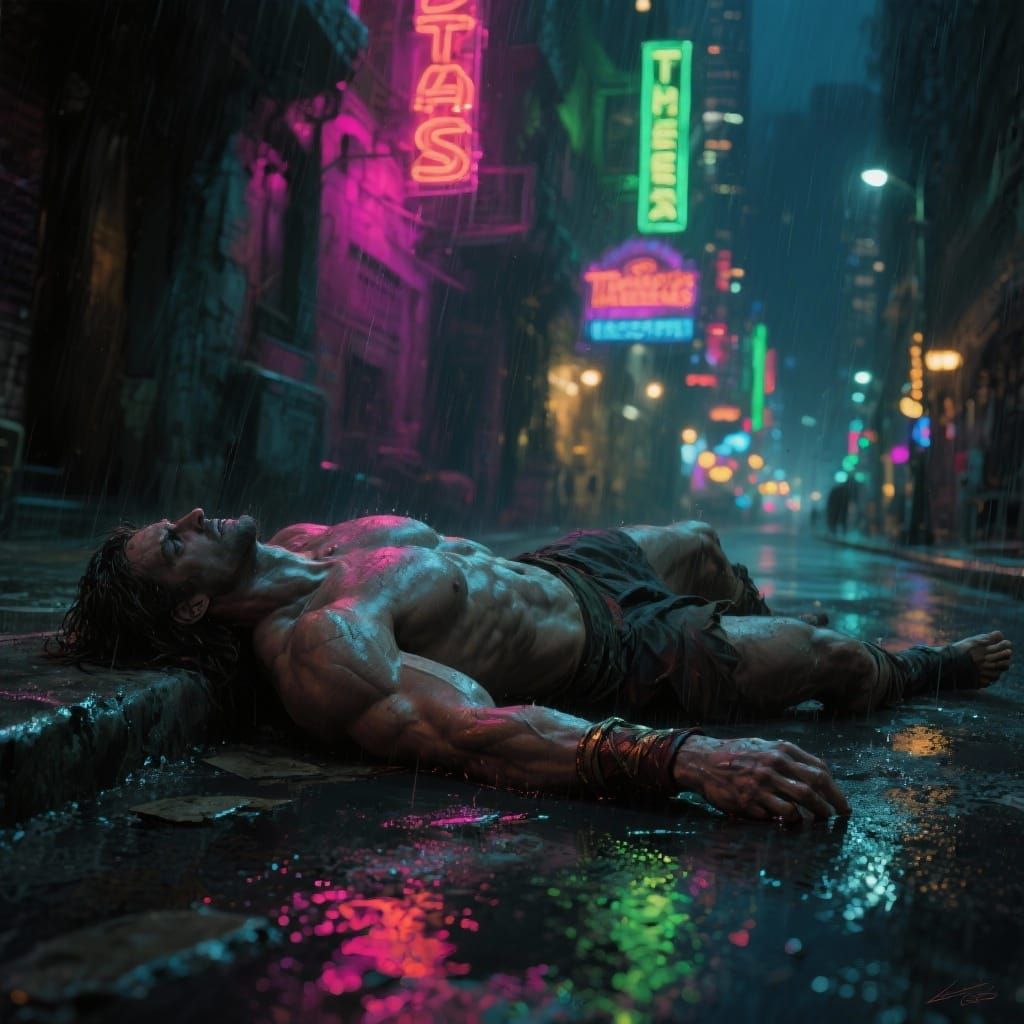 Theseus in a Grimy Urban City Street at Night