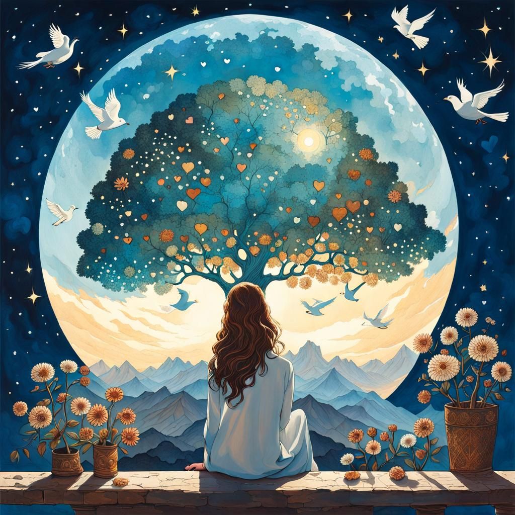 Tree of Life Inside Earth in Starry Cosmos