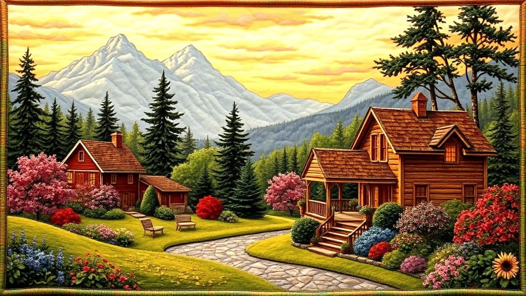 Quilted Cloth Landscape Inspired by Kinkade