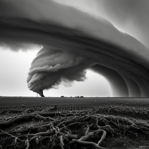 Farm Destroyed by Tornado: Detailed Black and White Art
