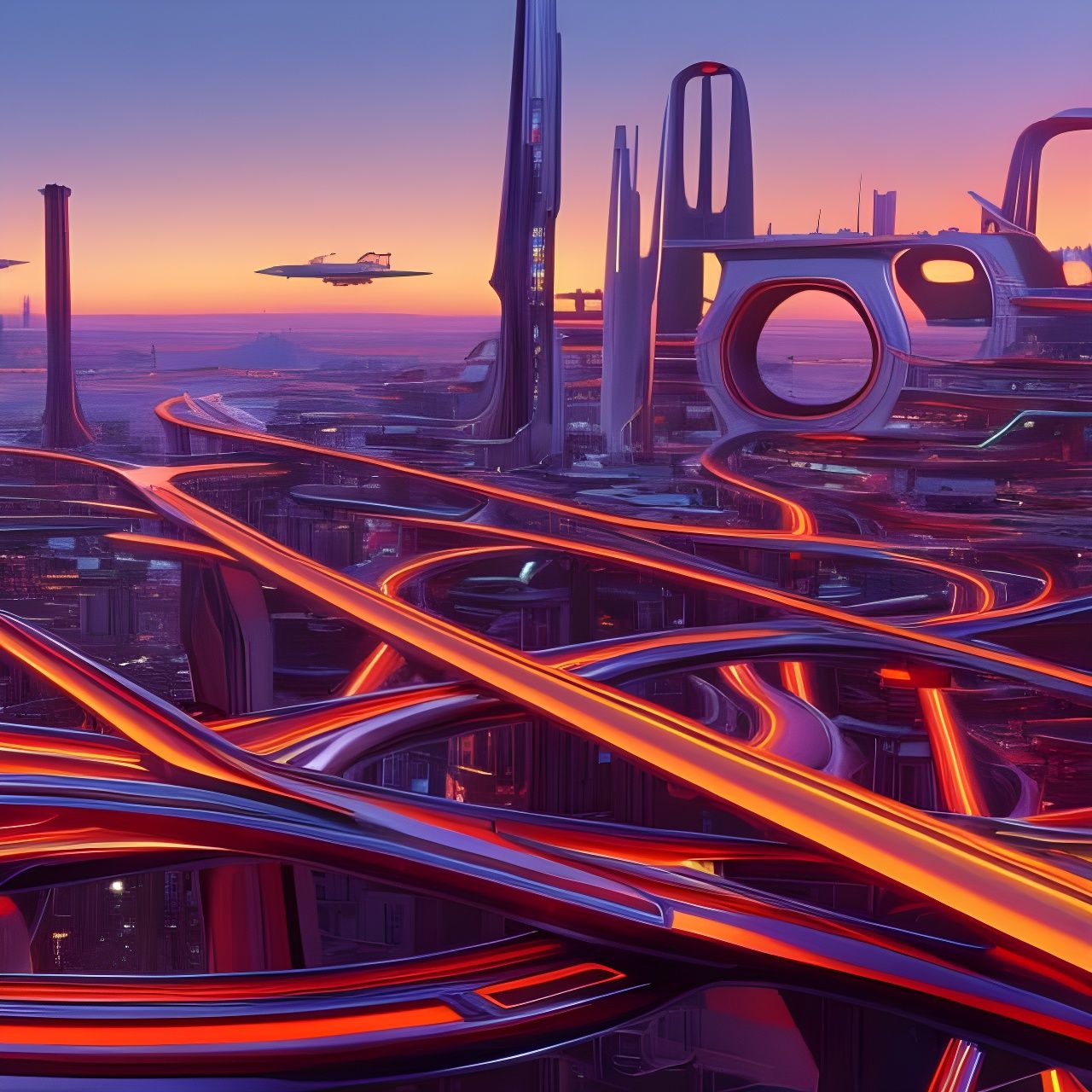 Retrofuturistic Cyberpunk Cityscape with Hovercars at Sunset