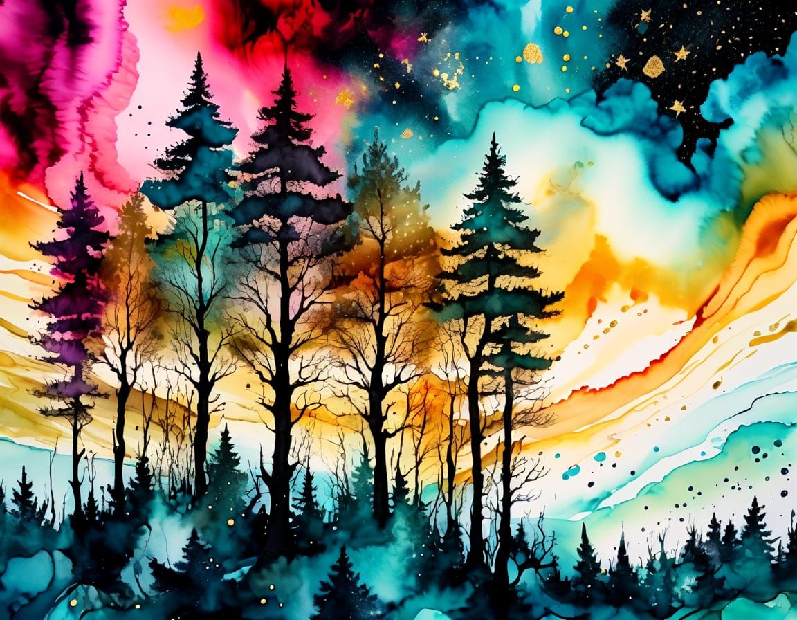Cosmic Forest Inkwash Painting