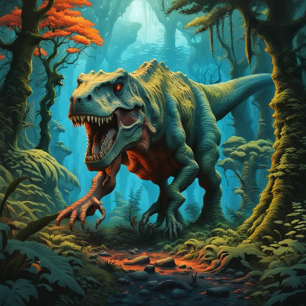 T-Rex Roaming a Bioluminescent Jungle