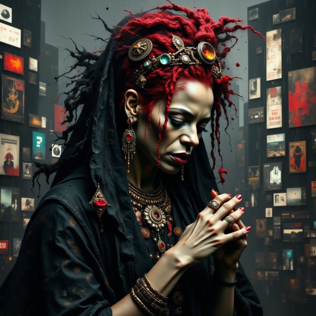 Cyberpunk Fairy Witch Seance in Neon Cityscape