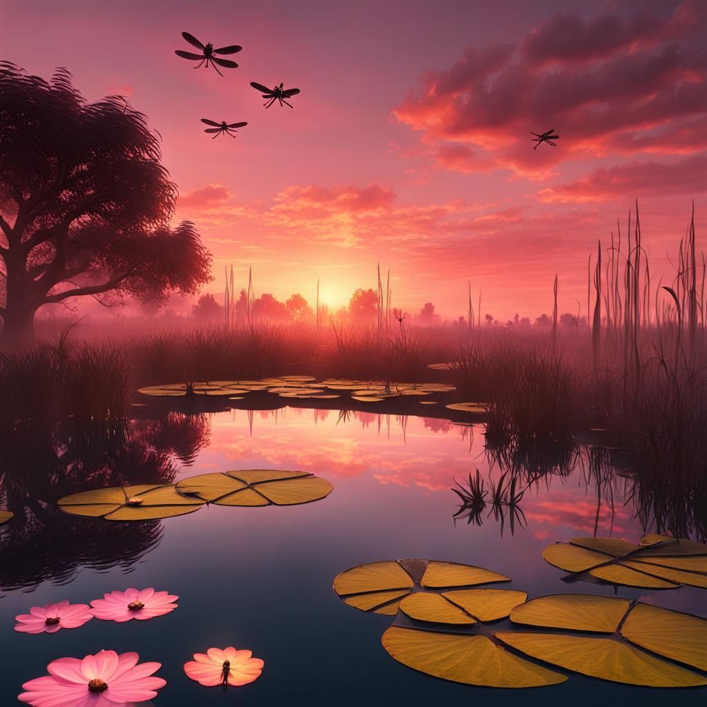 Sunset Over Pond: Detailed Matte Painting