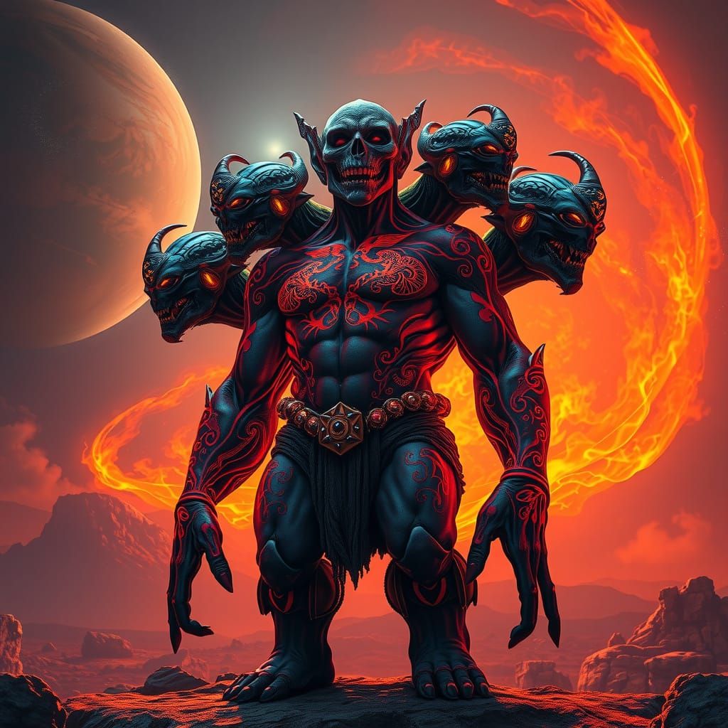 Hulking Alien Warrior in Eerie Orange and Blue Glow