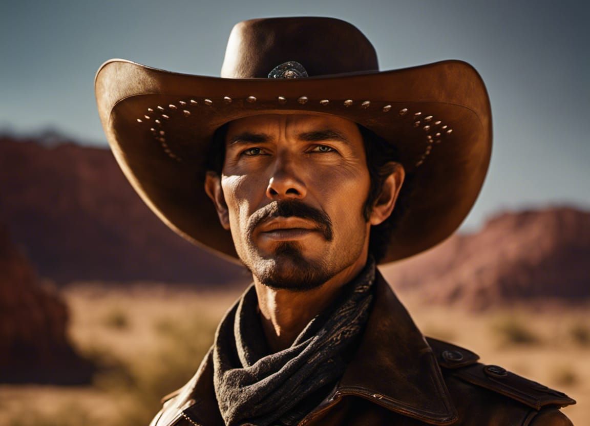 Cowboy Portrait with UFO in Retro-Futuristic Style