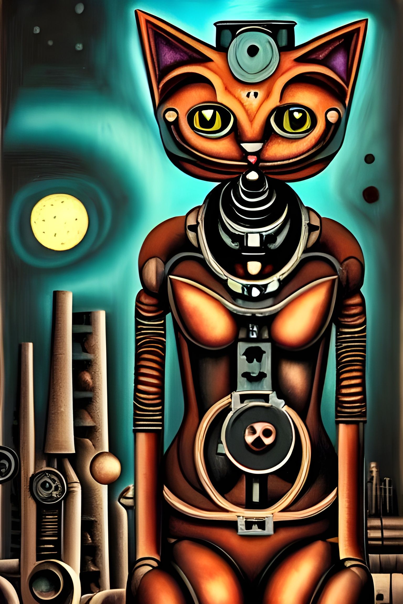Dark cat, dog, robotic, hybrid, in a desolate area. steampunk painting, intricate detailed portrait, sable hues, a maste...