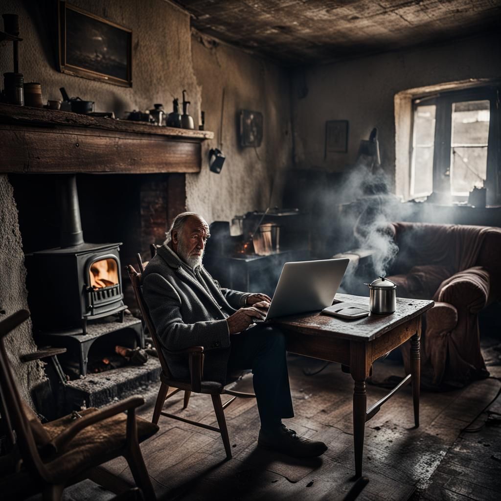 Man with Laptop in 1960s Living Room