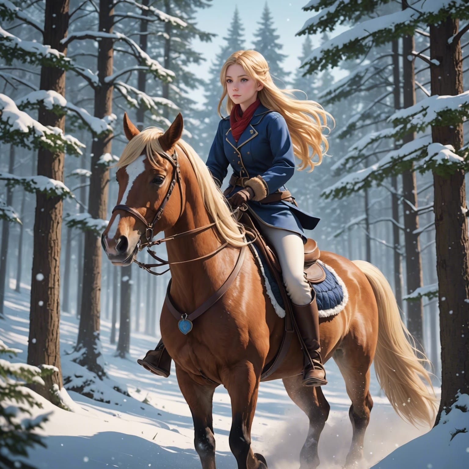 Anime Girl on Horseback in Snowy Forest