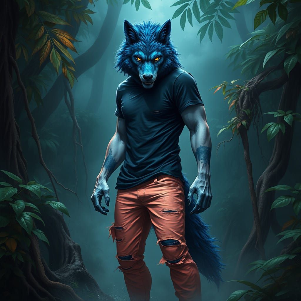 Cyberpunk Werewolf Emerges from Jungle Foliage in Dark, Drea...