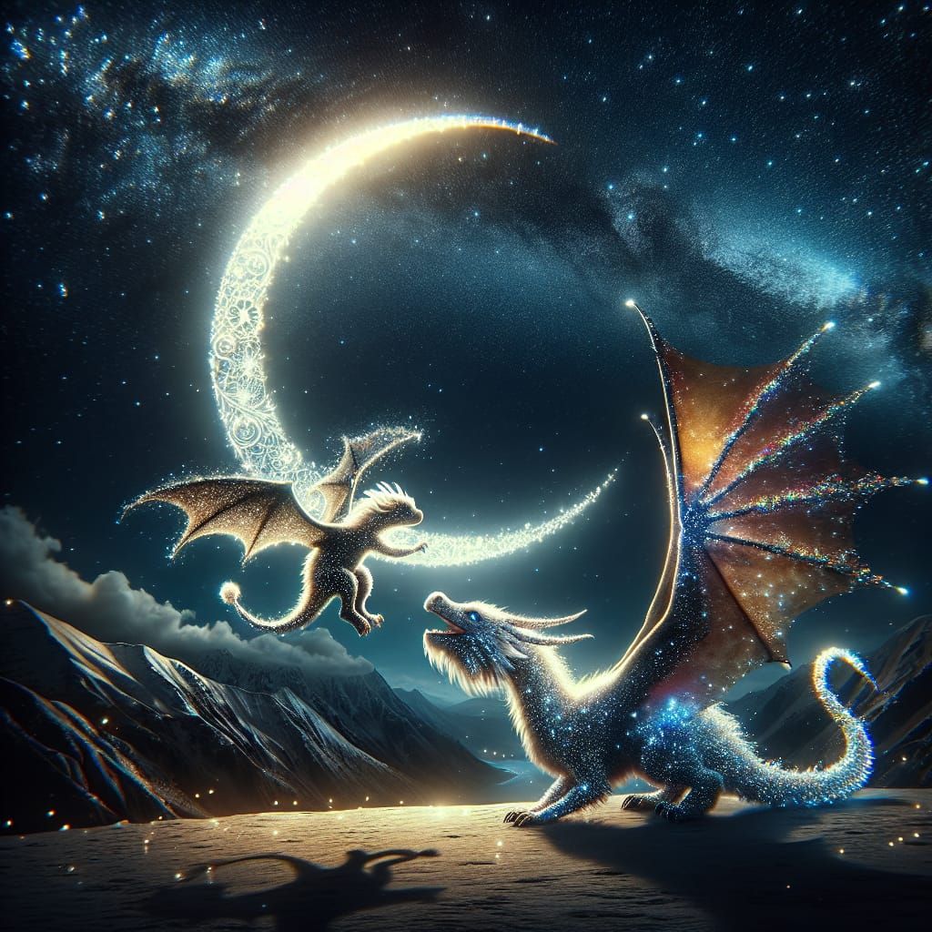 Sparkle Dragons' Joyful Dance Under Starry Moon