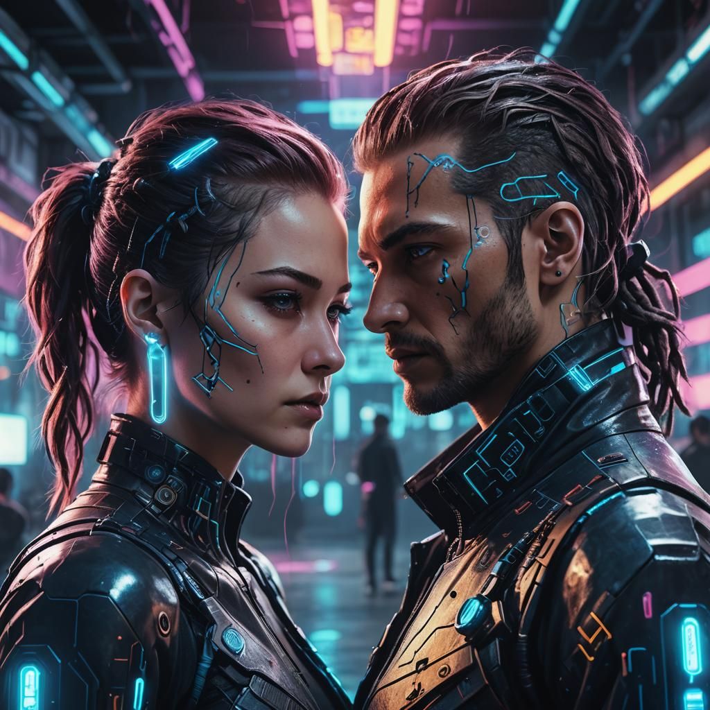 Cyberpunk Lovers Scanning Minds in Neon Glow