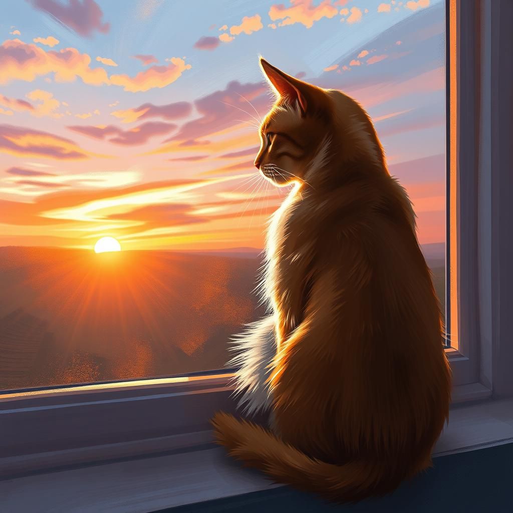 Cat Contemplates Sunrise in Dreamy Ethereal Style