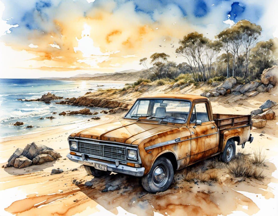 Rusty Holden Ute on Australian Beach in Watercolor