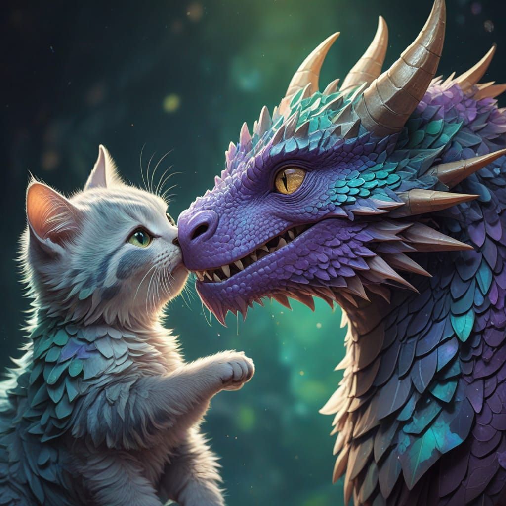 Emerald Dragon and Kitten in Crystal Cave