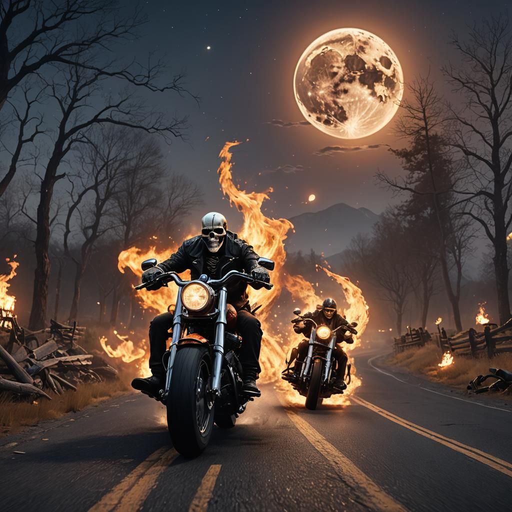 Skeleton Rider on Harley Leaving Fiery Trail