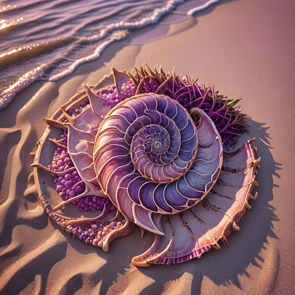 Nautilus Shell Mandala on Beach at Sunset: Hyperrealistic Di...