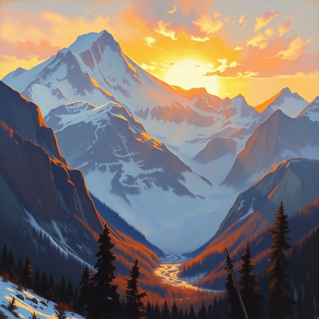 Canadian Rockies Sunset in Atmospheric Oil Painting Style