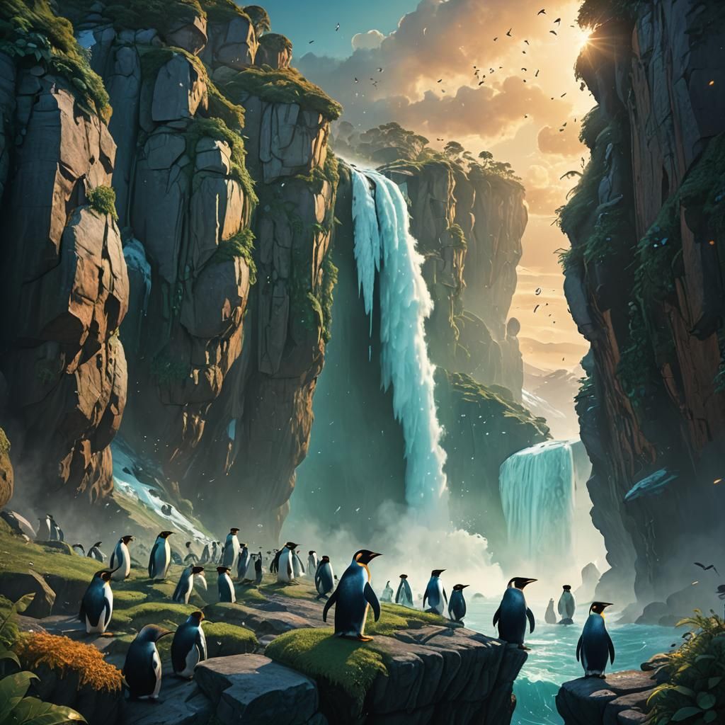 Penguins Leap From Icy Cliff in Fantasy Painting
