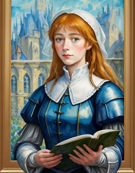 Medieval Woman Reading: Neo-Impressionist Watercolor