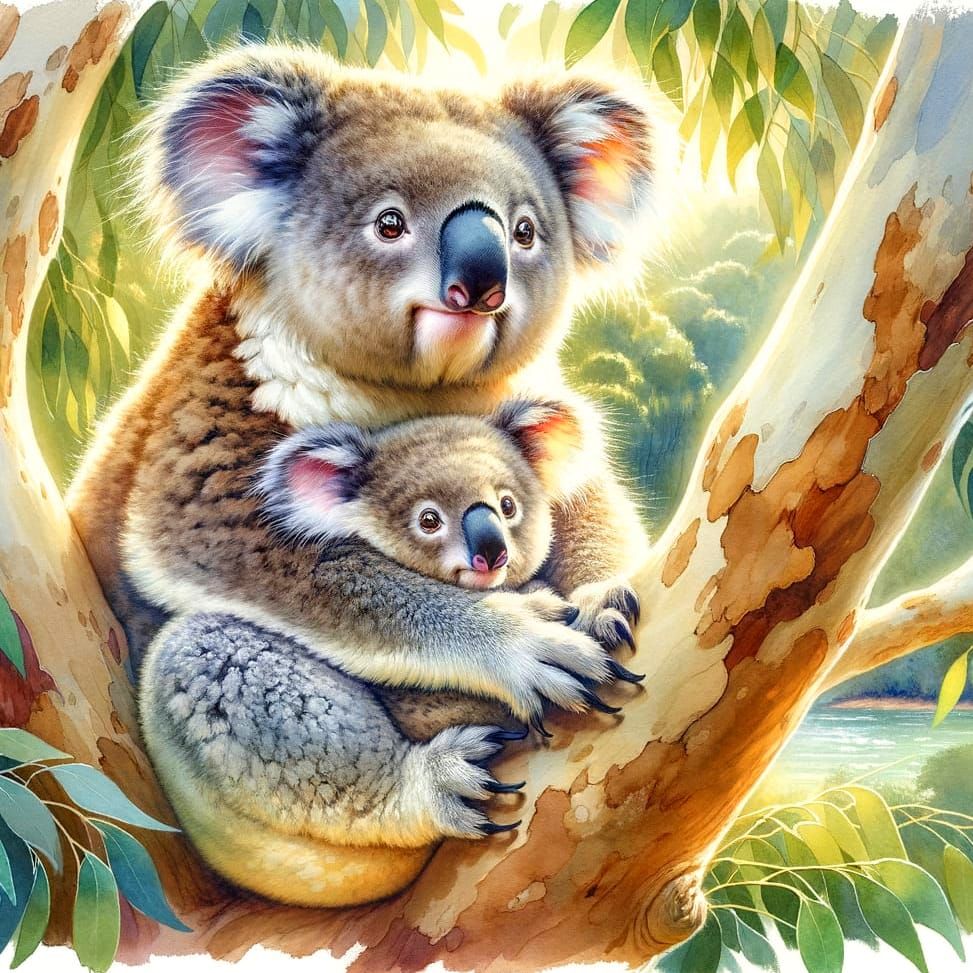 Koalas in Gum Tree, Watercolour Fine Art