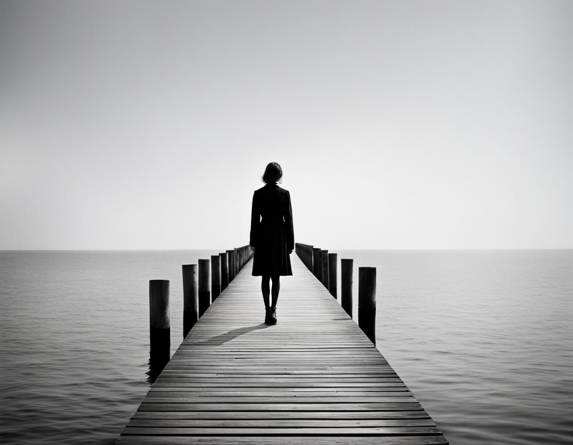 Minimalist Woman on Pier, in Abstract Style