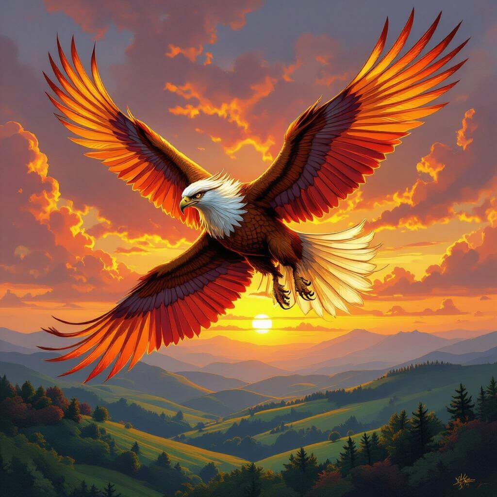 Griffin Soaring Through Sunset Sky in Fantasy Art Style