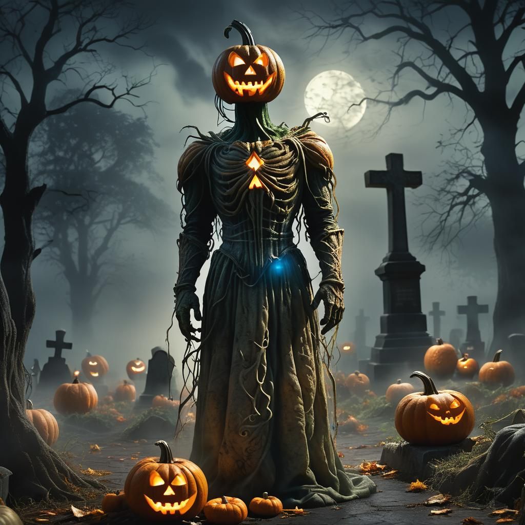 Eerie Haunted Pumpkin in Misty Cemetery, HDR Photography