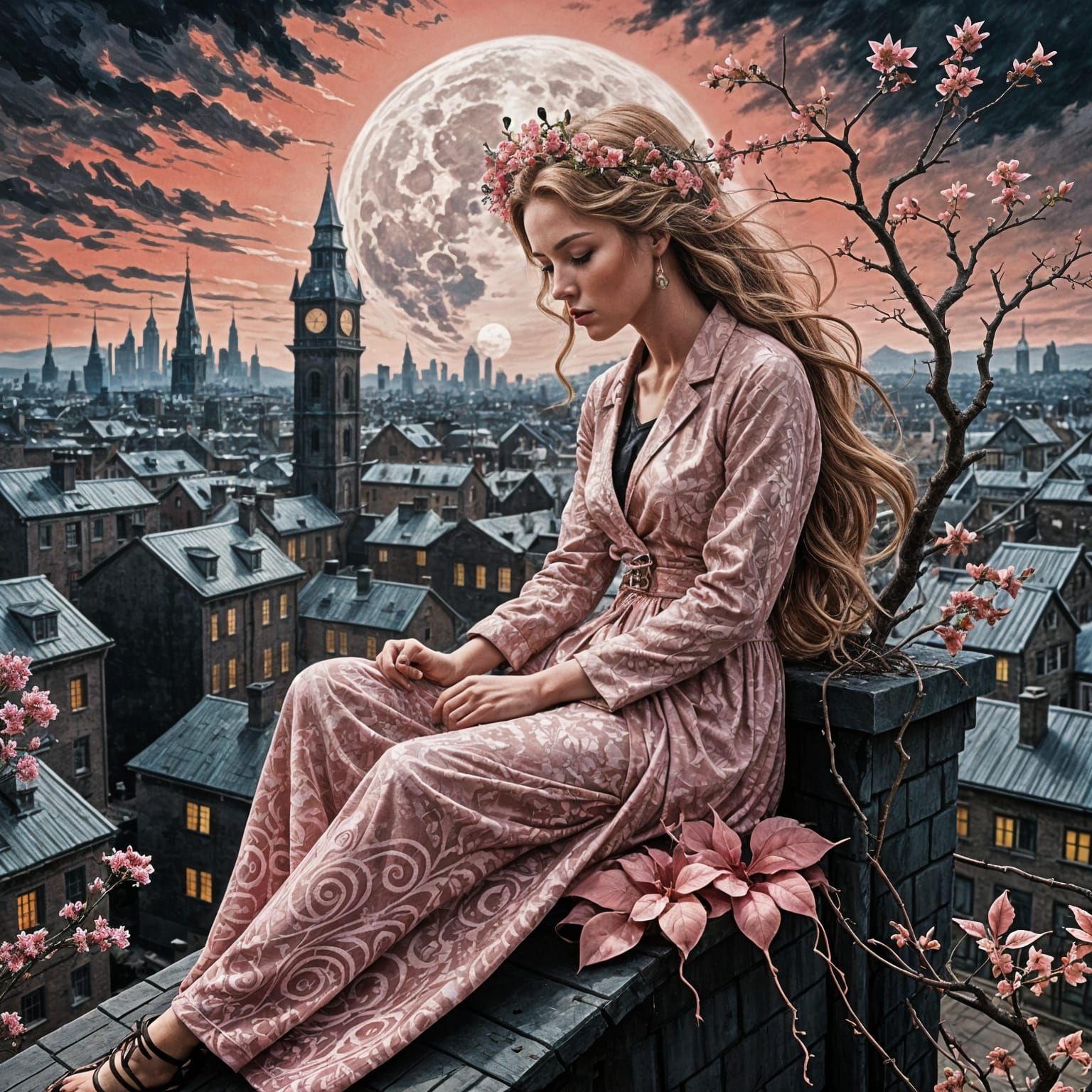 Hyperreal Pink Lady on Rooftop Edge, Trompe l'Oeil Masterpie...