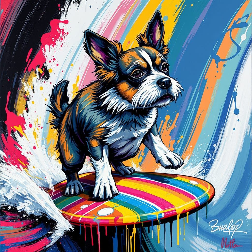 Vibrant Street Art Dog Rides Surfboard in Dynamic Scene