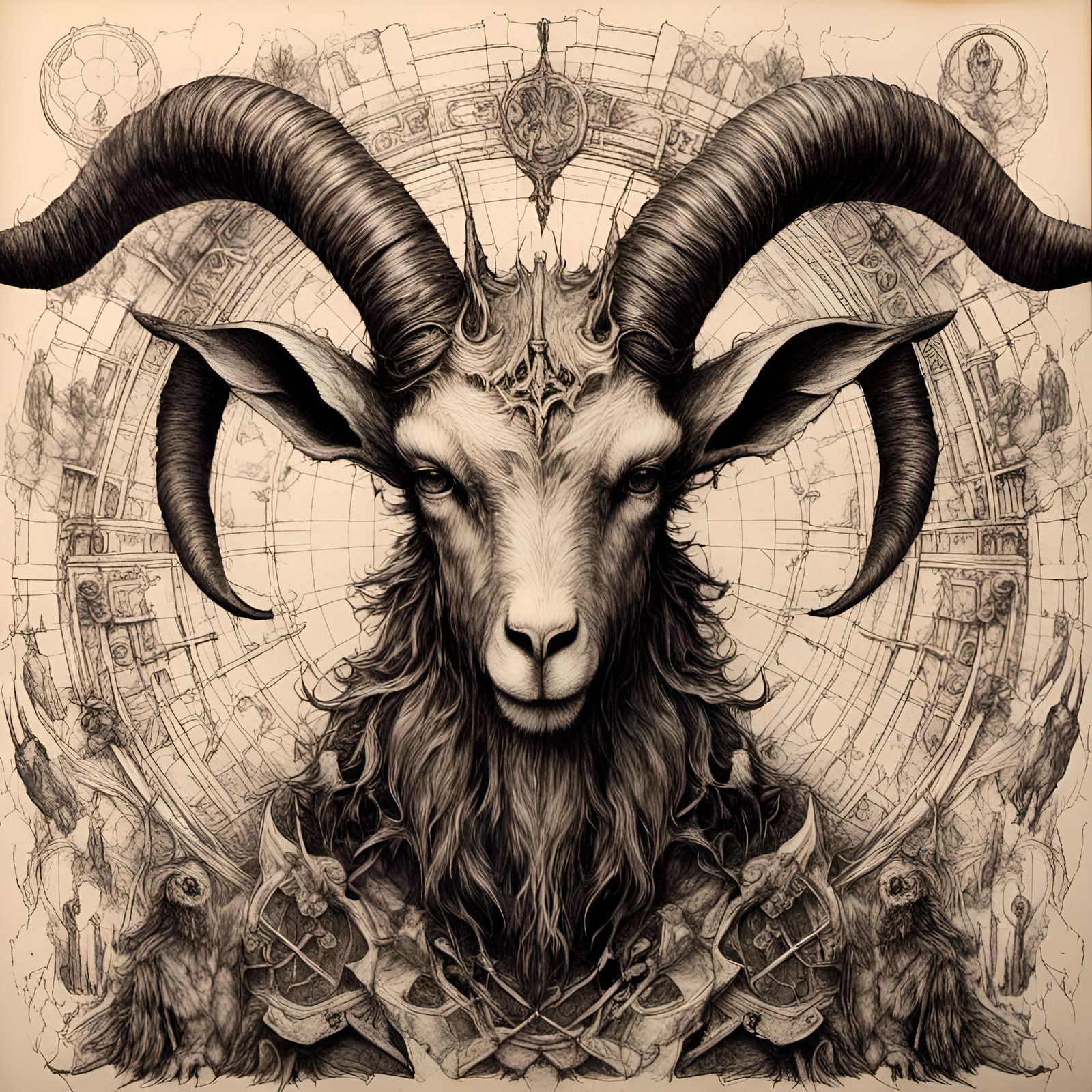 Macabre Anthropomorphic Baphomet in Intricate Line Art
