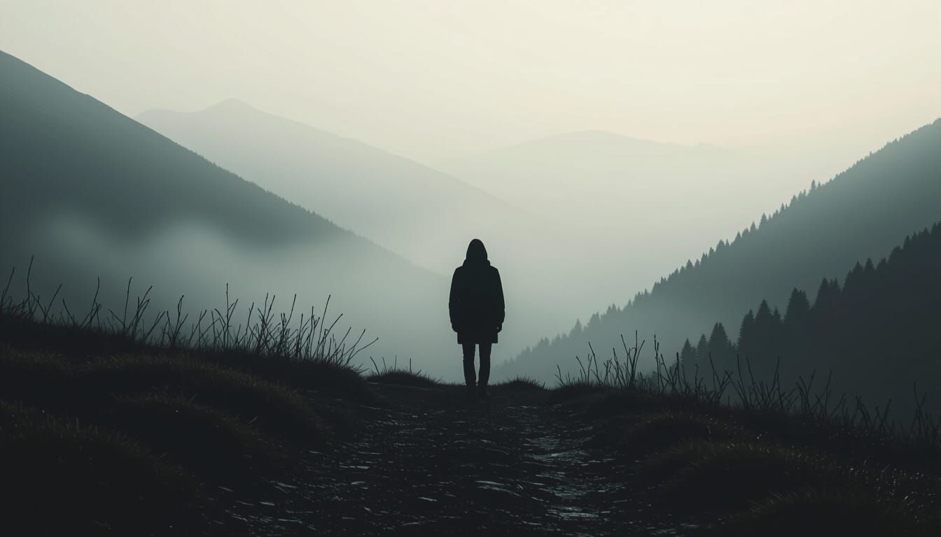 Misty Mountain Silhouette in Vintage Film Style