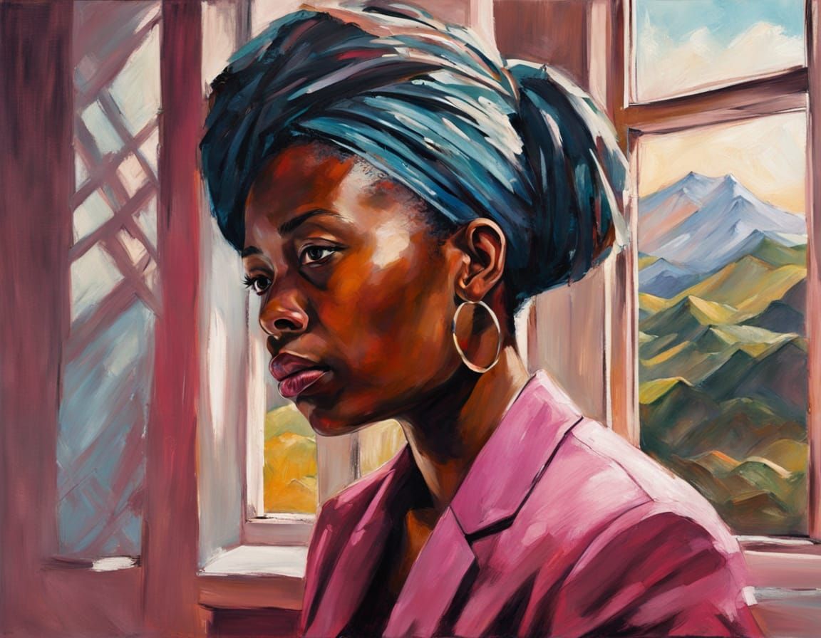 African Woman in Pink Blazer Plays Piano Overlooking Sea