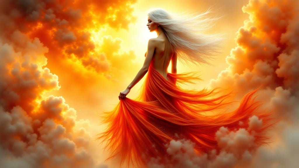 Fiery Sky Aflame by White-Haired Woman