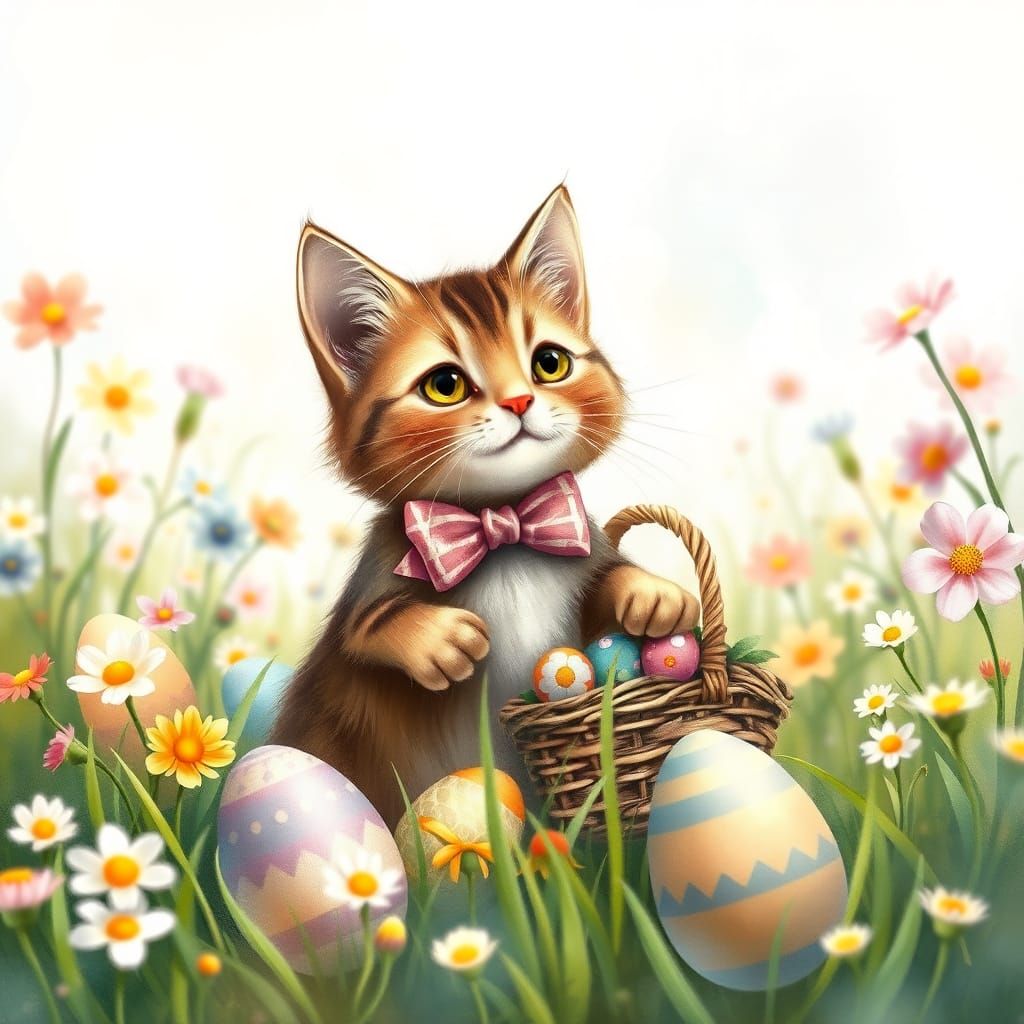 Whimsical Springtime Cat with Easter Eggs and Blooms