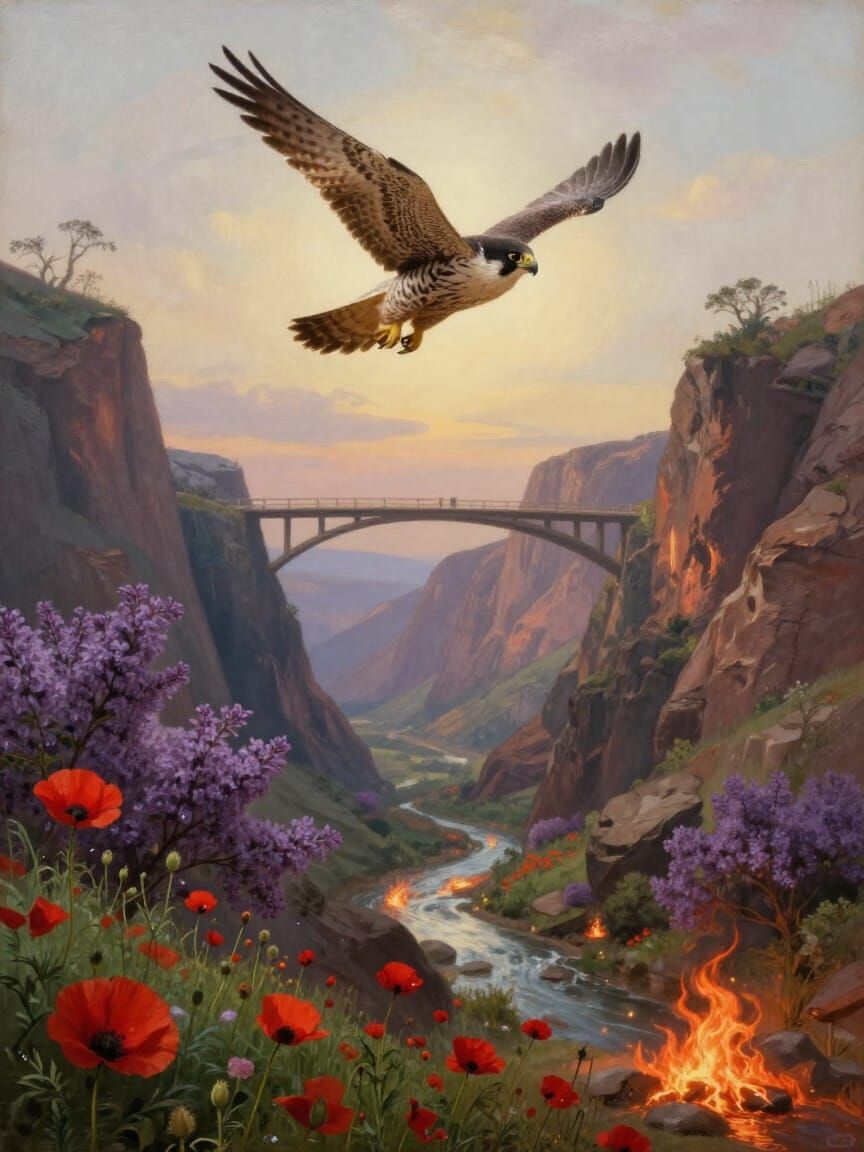 Falcon Soars Over Dreamlike Canyons in Painterly Style