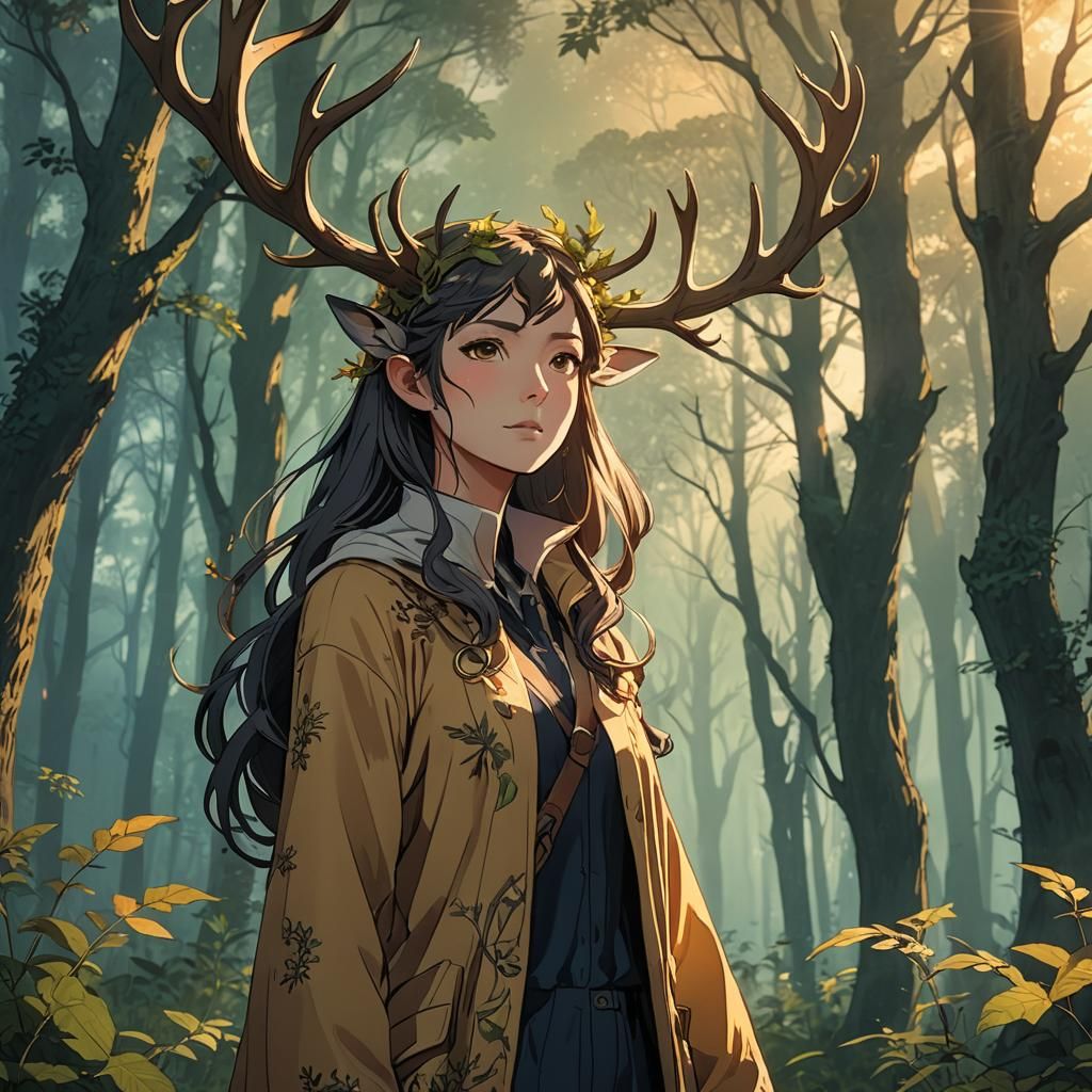 Anime Woman with Antlers in Forest Clearing