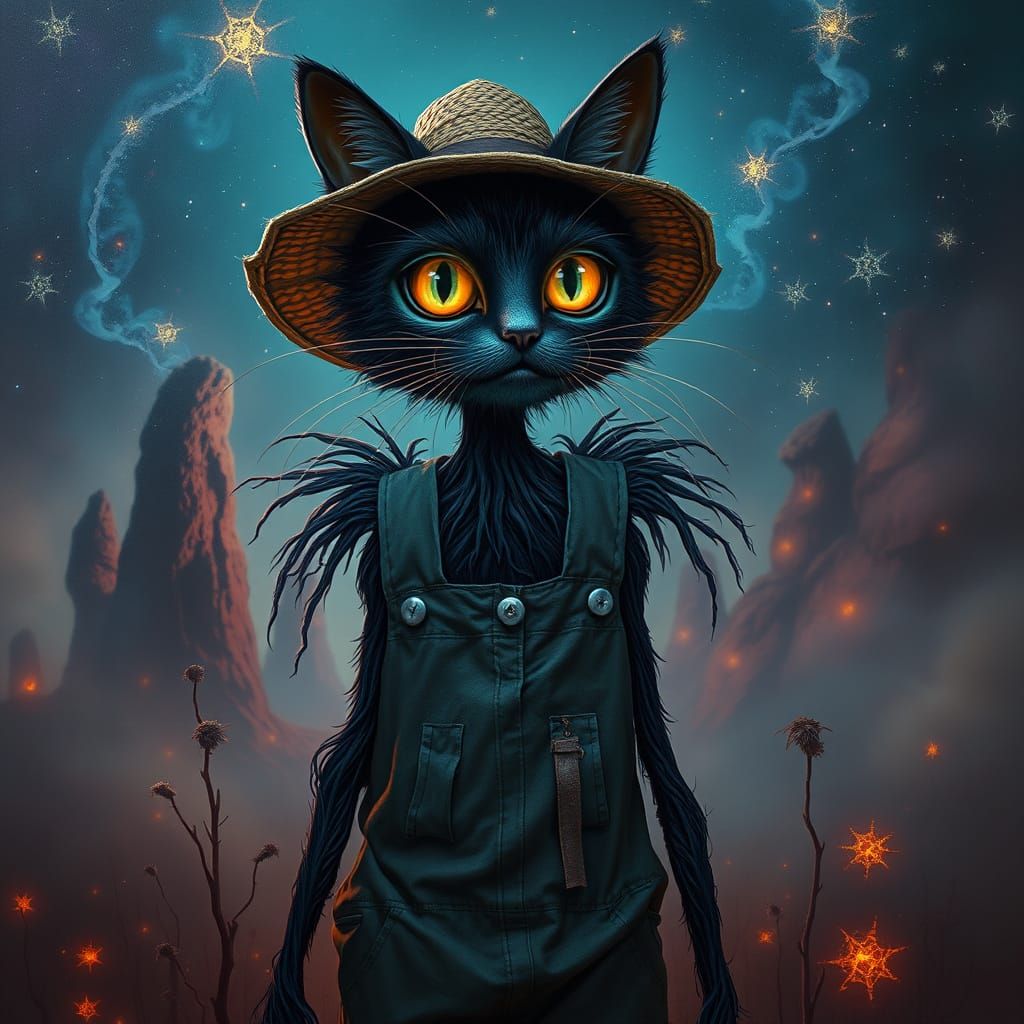 Eerie Cat Scarecrow in Foggy, Starry Landscape