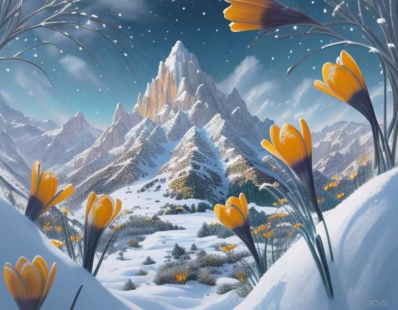 Crocuses Bursting Through Snow: Pointillism Illustration