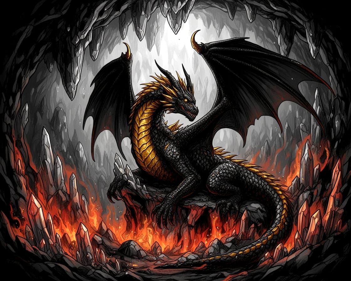 Majestic dragon guarding the flame crystals
