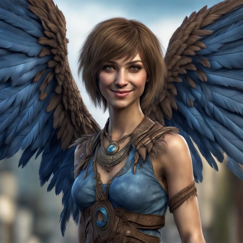 Hyperrealistic Harpy with Blue Feathers